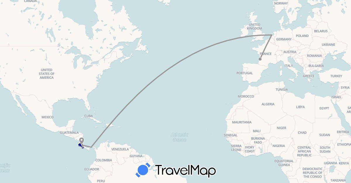 TravelMap itinerary: driving, plane, boat in Costa Rica, France, Netherlands, Panama (Europe, North America)