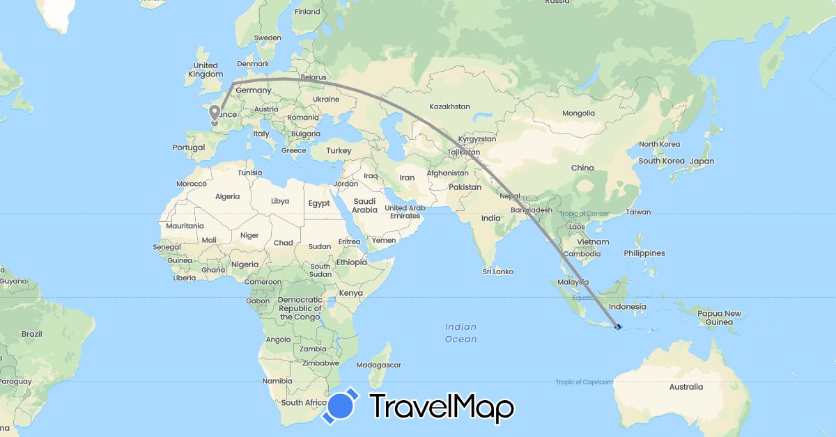 TravelMap itinerary: driving, plane, hiking, boat in France, Indonesia, Netherlands (Asia, Europe)